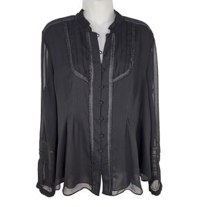 Coldwater Creek Shirt Large Black Chiffon Pleated Romantic Button Cottagecore